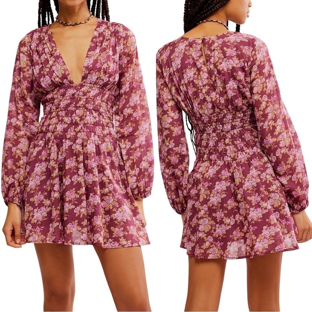 Free People Dress Keep You Mini Long Sleeve Cotton Floral Berry Combo Sz L